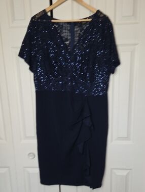 Sequin-Embellished Navy Midi Dress with Ruffle Detail